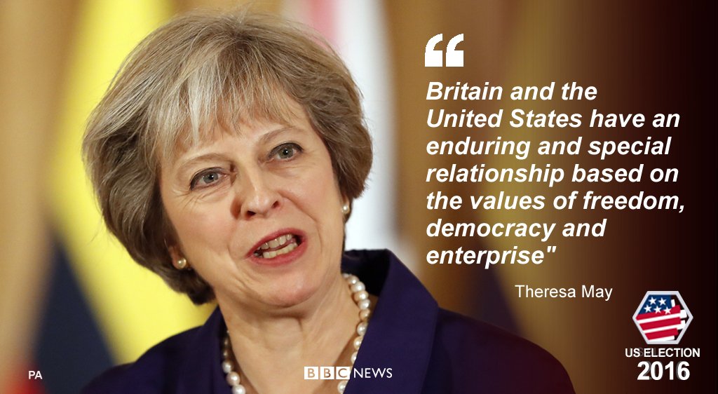 BBCBreaking's tweet image. &quot;I look forward to working with President-elect Donald Trump,&quot; UK PM Theresa May says 

bbc.in/2fRTnRD #Election2016