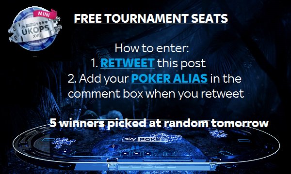 SkyPoker's tweet photo. COMPETITION: X5 FREE TOURNAMENT SEATS!

Win a seat to tomorrow's Mini UKOPS Main Event at 20:30, worth £11. https://t.co/pYNPl66Eiw