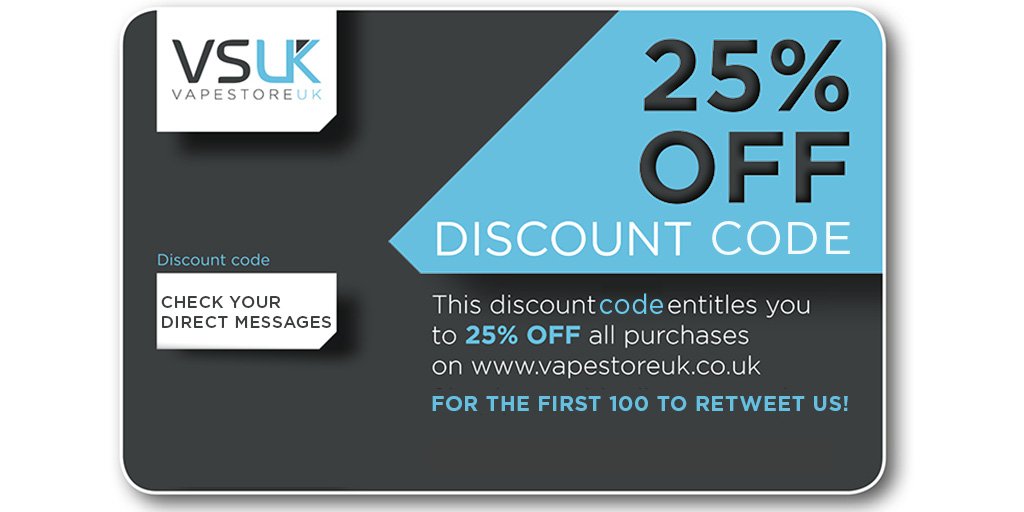 Vape_Store_UK's tweet photo. Who wants a 25% OFF discount code?! We've got 100 to give away! RT this tweet &amp; follow us so we can DM you your code! #vapefam #VapeStoreUK https://t.co/PLcNa0ht0W