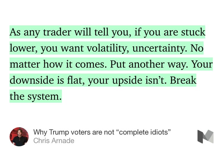 “…As any trader will tell you, if you are stuck lower, you want volatility, uncertainty. No matter how it comes. Put another way. Your downside is flat, your upside isn’t. Break the system.…” from “Why Trump voters are not ‘complete idiots’” by Chris Arnade.