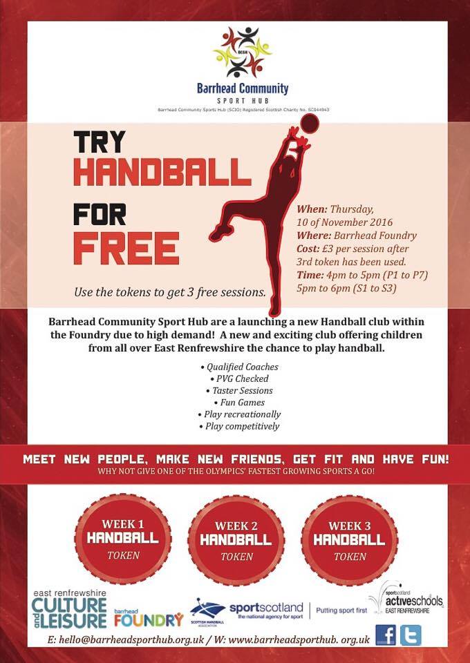 BCSportsHub's tweet photo. A new Handball Club is being launched by Barrhead Sport Hub this Thursday! Come and try! https://t.co/Mm0VEax6Nu