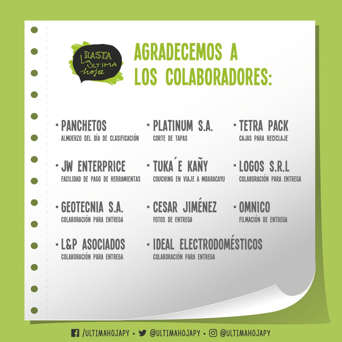 ultimahojapy's tweet photo. Ya trabajamos en la organización de la cuarta edición de la campaña! Y empezamos agradeciendo a quienes hicieron posible la edición anterior https://t.co/lGMKAK8gTx