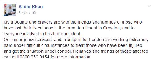 SadiqKhan's tweet image. My thoughts and prayers are with all those who have lost loved ones in the tragic incident this morning in Croydon.
