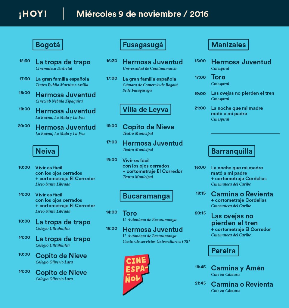 MuestraCineEsp's tweet photo. Hoy es el último día de la #MCE2016. Te invitamos ver las funciones de la programación de hoy. @cinematecaribe  @idartes https://t.co/mevwfITgMm
