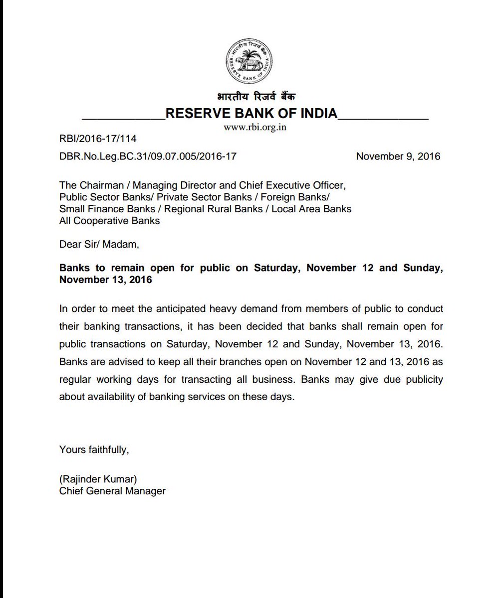 NeemaSonal's tweet photo. Banks to remain open for public on Saturday, November 12 and Sunday, November 13, 2016(So Banks working for next 4 days) https://t.co/x23Yzkhhfo