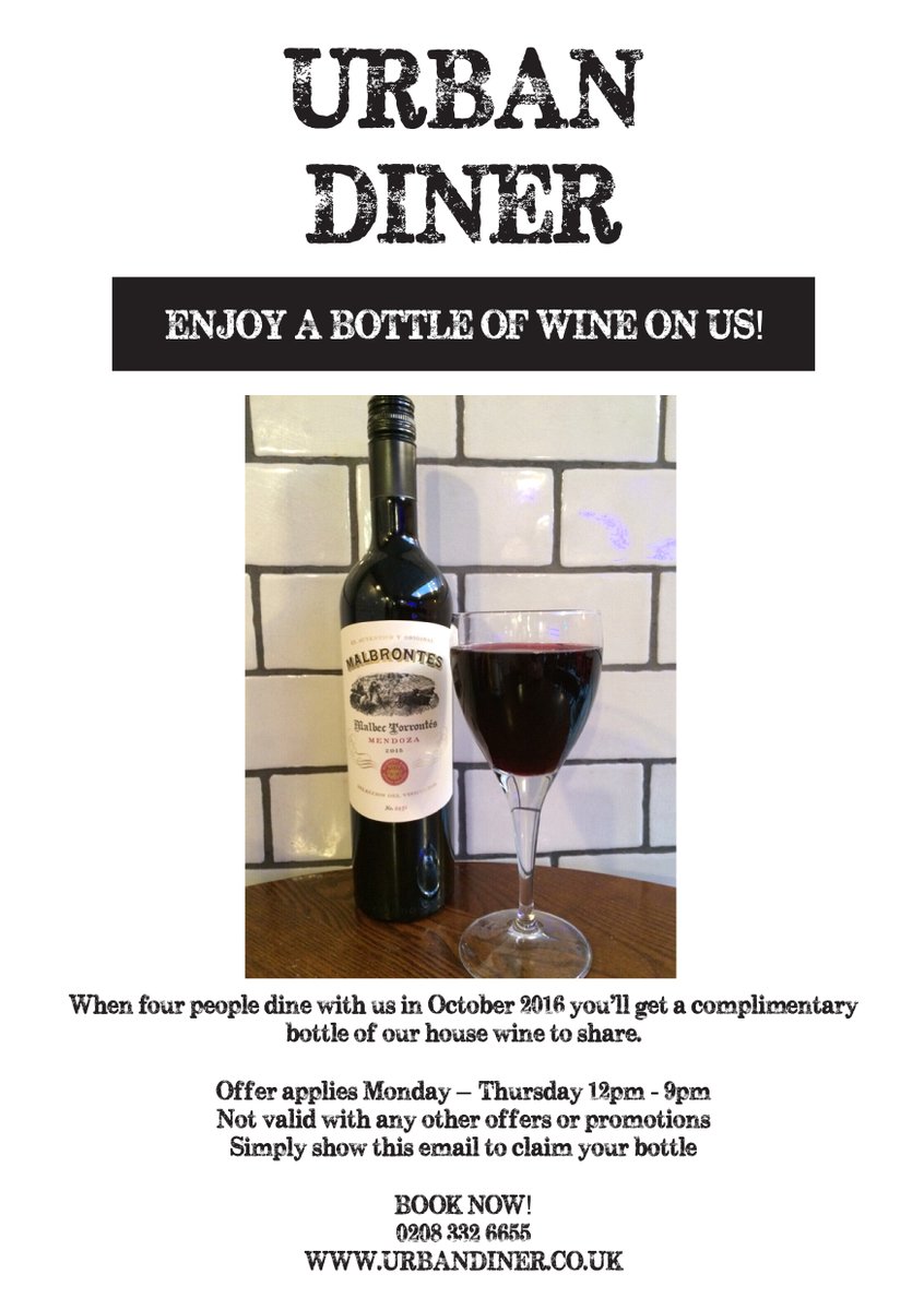 TheUrbanDiner's tweet photo. Join us for dinner Mon-Thurs from 12-9pm & enjoy this absolute beauty of an offer - FREE bottle of house wine when four dine! #LondonOffer https://t.co/NyLrn5m0eb