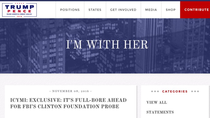 ForbesTech's tweet photo. Some bad code let the Internet have some fun with Trump's website last night #Elections2016 https://t.co/hHcuX75nsD https://t.co/QyJP84cEa5