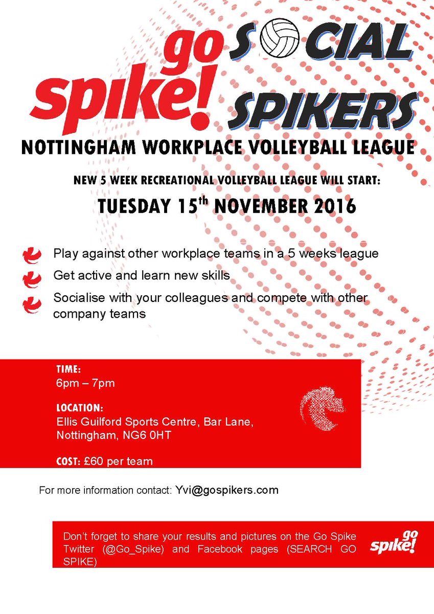 New <a href="/Go_Spike/">Go Spike</a> workplace #volleyball league starts 15th Nov, get a team together and have some fun