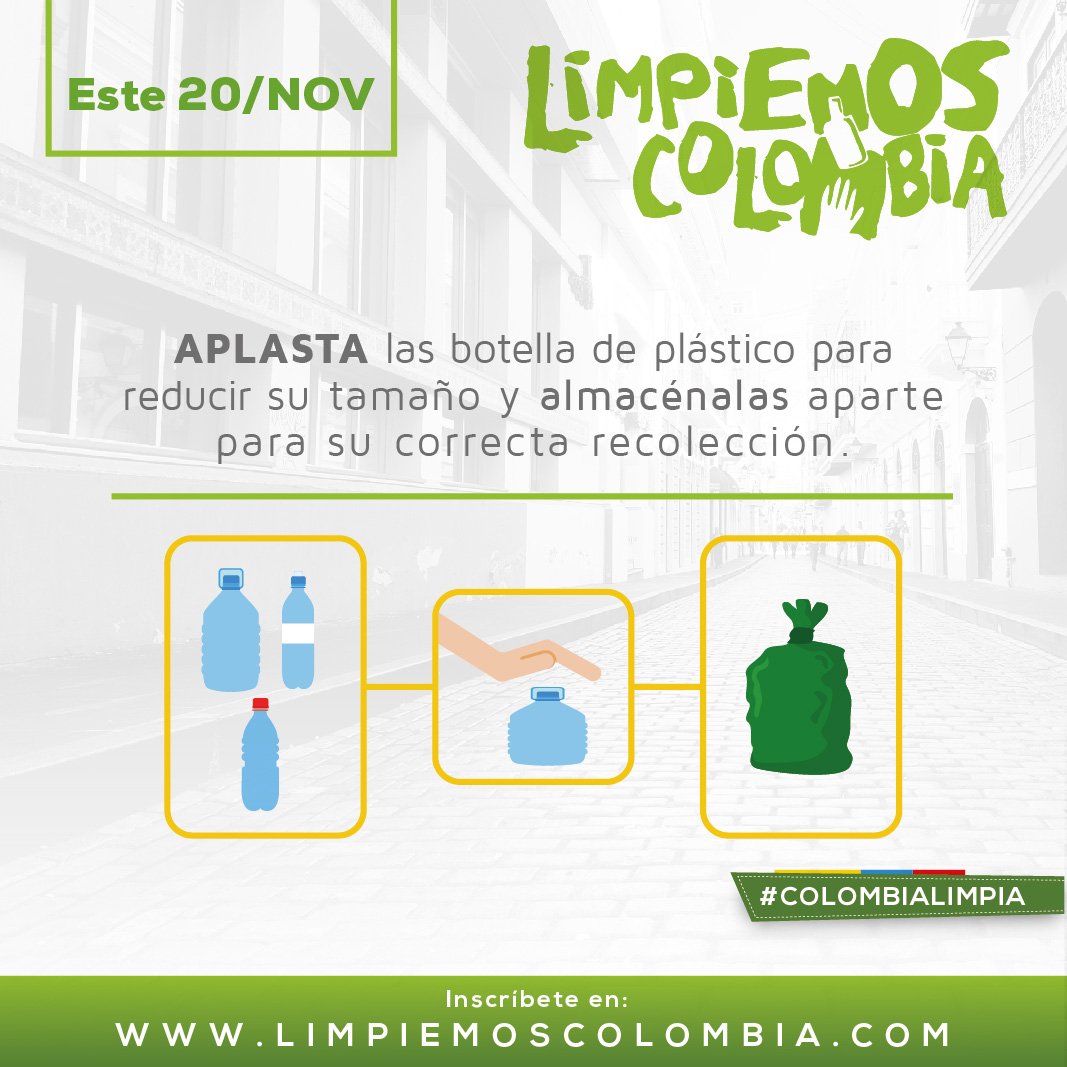 SoyECOlombiano's tweet photo. Si aún tienes las botellas plásticas, reduce su tamaño y bótalas aparte. Recuerda que con ellas se fabrican nuevas cosas #ColombiaLimpia https://t.co/5X1cuexUdq