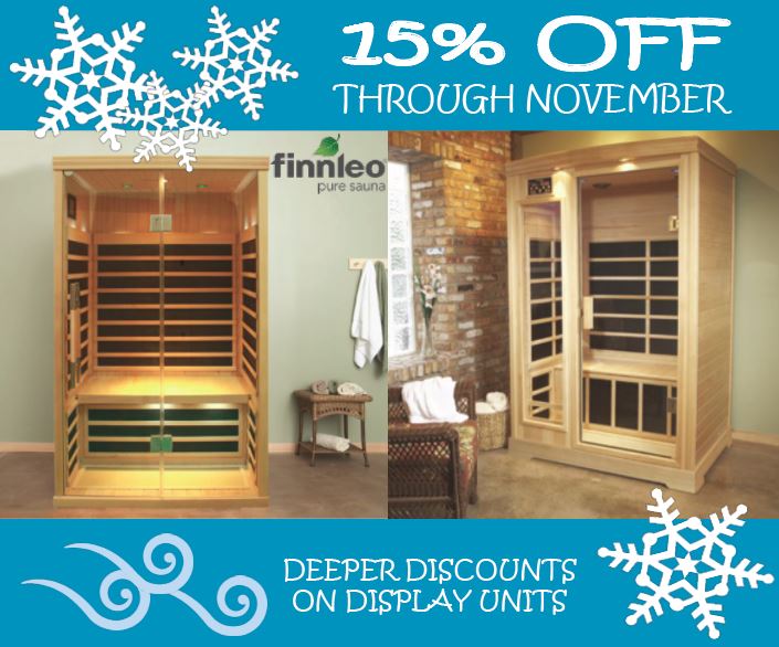 All <a href="/FinnleoSauna/">Finnleo Sauna</a> Saunas 15% off MSRP! Deeper discounts on clearance demo units! Burn calories while sweating in a sauna.