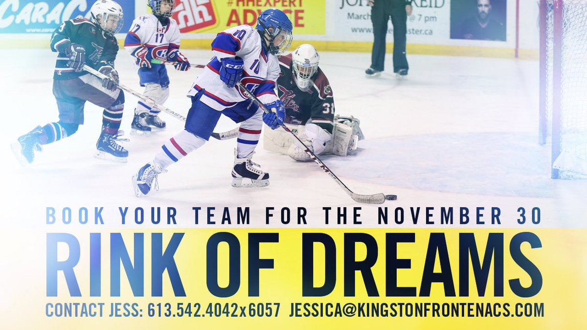 Book your minor hockey team for our November 30th Rink of Dreams! First come, first serve. Book now by email: jessica@kingstonfrontenacs.com
