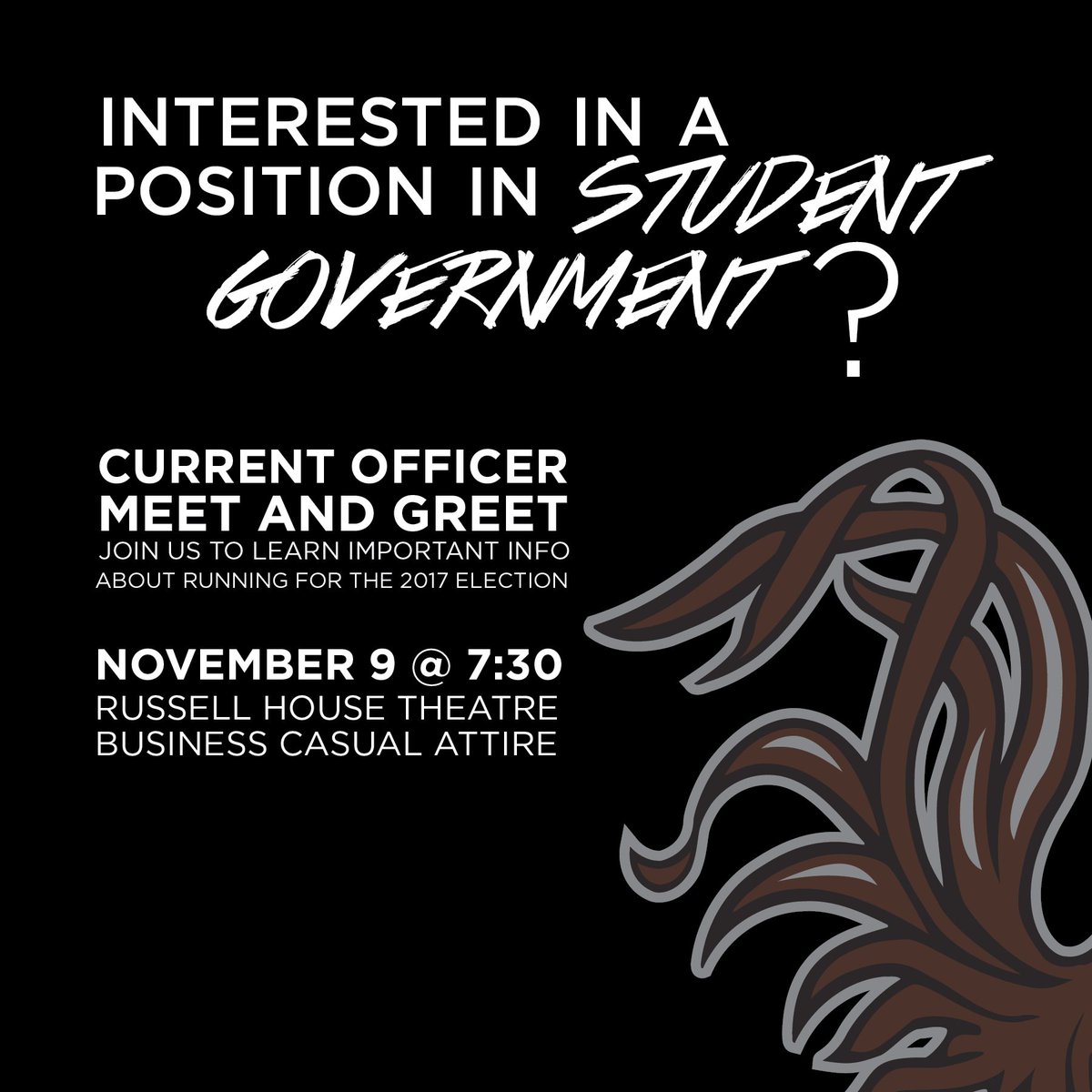 If you're interested in running for an elected officer position join us TONIGHT at 7:30 pm in the RH Theater to learn more!