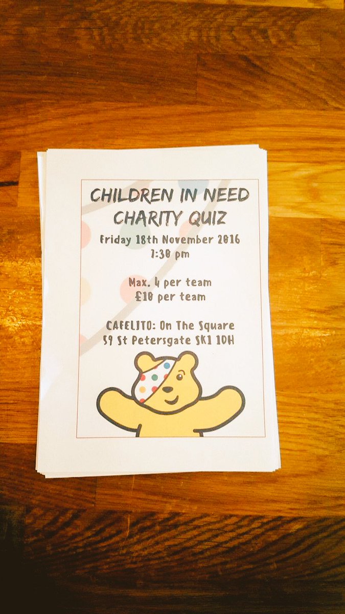 QUIZ NIGHT! Come on down next Friday for a fun night full of booze, laughs and quizzing, all in aid of children in need. Maximum 4 per team!