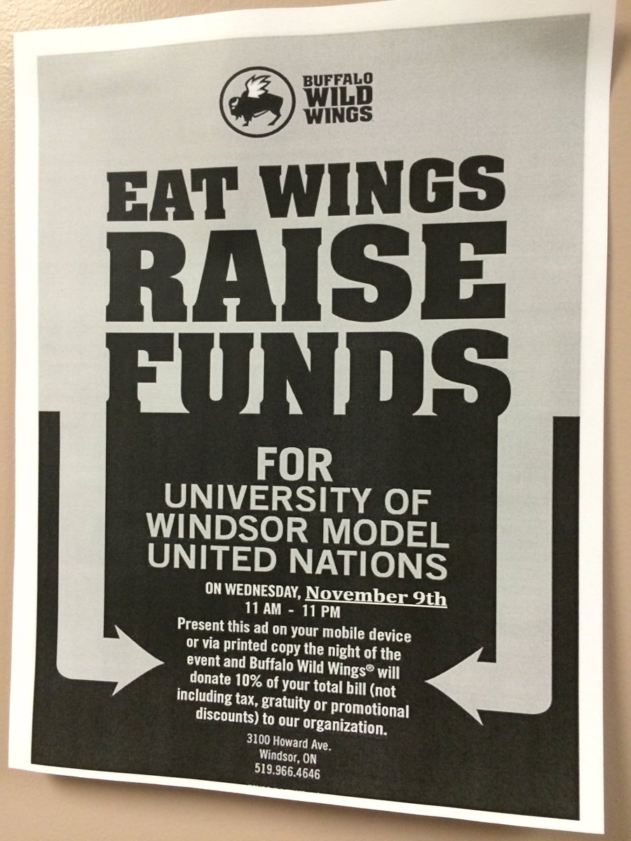 UWinMUN's tweet photo. Come on out tonight to @BWWingsCanada for some good food at our #WinMUN fundraiser! 11am-11pm πππ https://t.co/GJt0Ip7GIb