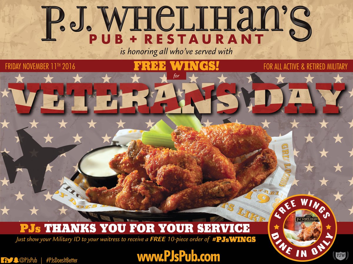 PJsPub's tweet photo. PJ’s is saying thanks 2 those who’ve served in U.S. Armed Forces this #VeteransDay w/ 10 FREE WINGS - just show Military ID #PJsGivesBack https://t.co/eIcWNJaTSJ