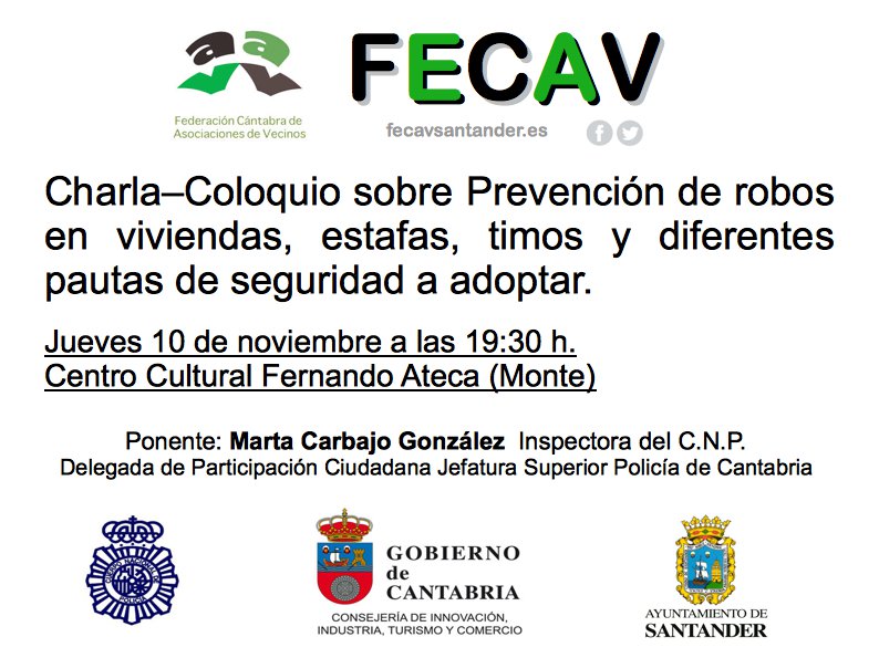 Jueves 10 a las 19:30 en Grupo Ateca (Monte) Más vale prevenir que lamentar, Estáis invitados #Santander  #vecinos #PoliciaNacional