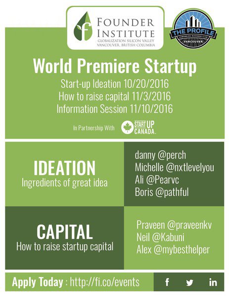 Founder Institute Info Night <a href="/Profile/">᠌</a> Nov 10 6:30pm - Startup Technology company program  <a href="/johnthornburn/">John</a> <a href="/RayTorresan/">Ray Torresan</a> <a href="/RickPasin/">#RickPasin</a> <a href="/RobFoxall/">Rob Foxall</a>