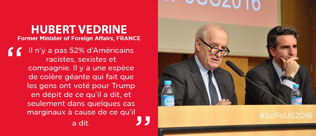 sciencespo's tweet photo. "Il n'y a pas 52% d'Américains sexistes ou racistes“ Hubert Védrine #ScPoUS2016 https://t.co/X17zwS3bxg https://t.co/4OlskdIQ2w
