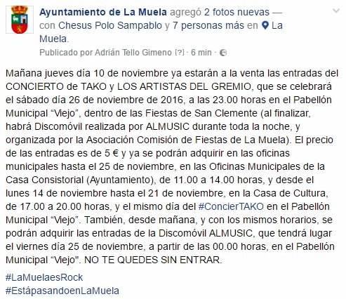 Mañana, a la venta en el <a href="/AytoLaMuela/">Ayto La Muela</a> las entradas del #ConcierTAKO de <a href="/Tako_Ejea/">Tako</a> y <a href="/ArtistasGremio/">Artistas del Gremio</a> #26N #LaMuela <a href="/chuanpietro/">Pedro Bartolomé</a> <a href="/aespadaroda/">Arturo Espada</a>