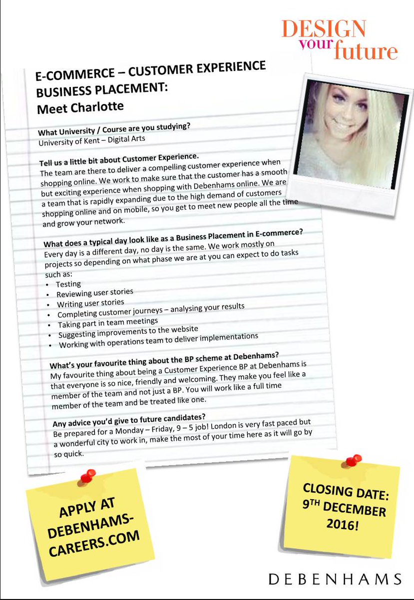 DebenhamsJobs's tweet photo. Our 2017 Business #placement vacancies are live! 
Meet Charlotte, one of our current Ecom Customer Experience BP's. https://t.co/sQUcLP3iBm https://t.co/fw3Lfeylj1