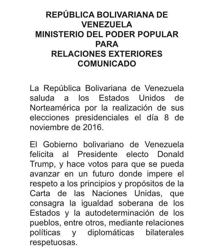VillegasPoljak's tweet photo. Comunicado oficial ante elección de Donald Trump como Presidente de EEUU https://t.co/hem7bMeXrU