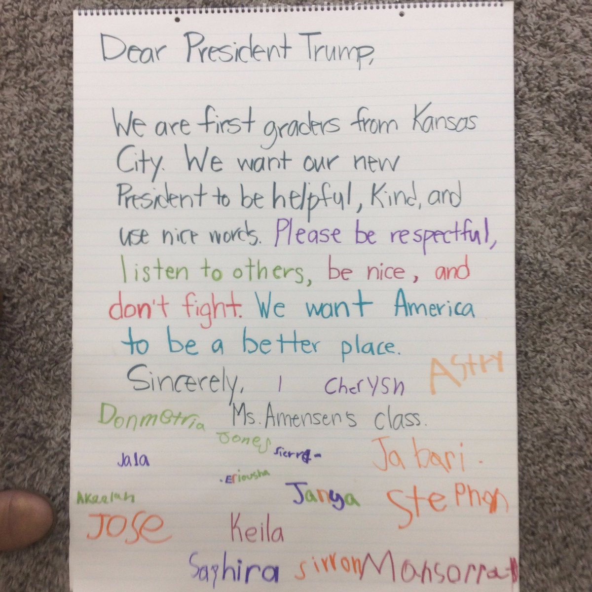 missamensen's tweet photo. We channeled our feelings into writing a letter to President Trump. My students are begging to be heard @realDonaldTrump  #PredsidentTrump https://t.co/xPIJl6eUZS