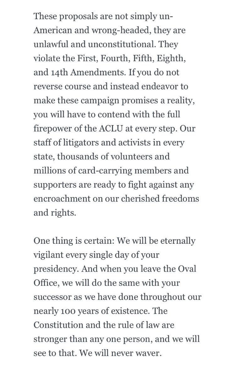 .<a href="/ACLU/">ACLU</a> statement on Trump: "If Donald Trump Implements His Proposed Policies, We’ll See Him in Court." bit.ly/2eDsrzi