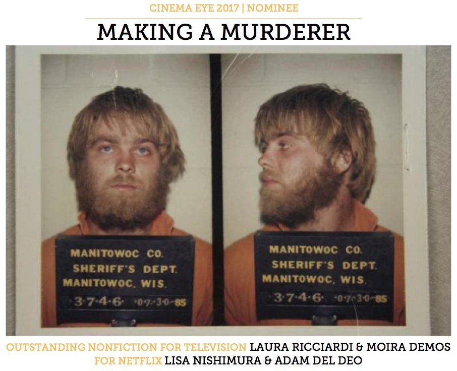 cinemaeyehonors's tweet photo. @MakingAMurderer | Nominated for TV Nonfiction @allHs @filmgreek @netflix @adamdeldeo #CEH17 #DocsMoreThanEver https://t.co/jy21Nv0XX3