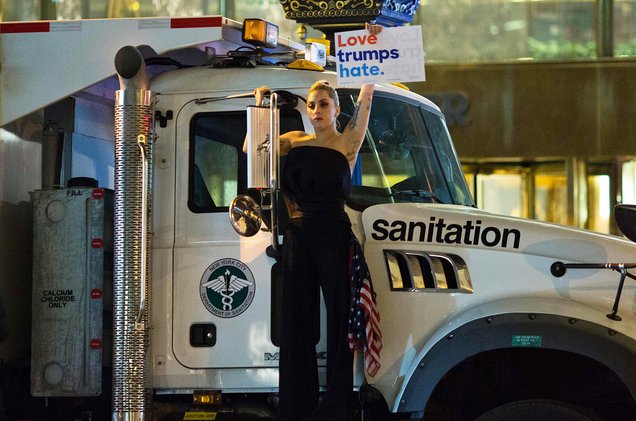 billboard's tweet photo. Lady Gaga protests outside of Trump Tower after Hillary Clinton loses election https://t.co/B3aUMZAL0w https://t.co/uKZfyOWPPD