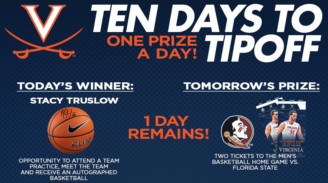 UVAWomensHoops's tweet photo. It's our final prize in the Ten Days to Tipoff! Enter to win two tickets to @UVAMensHoops vs. Florida State: https://t.co/4RlfeM2x72 #GoHoos https://t.co/xK7nP8mo1B