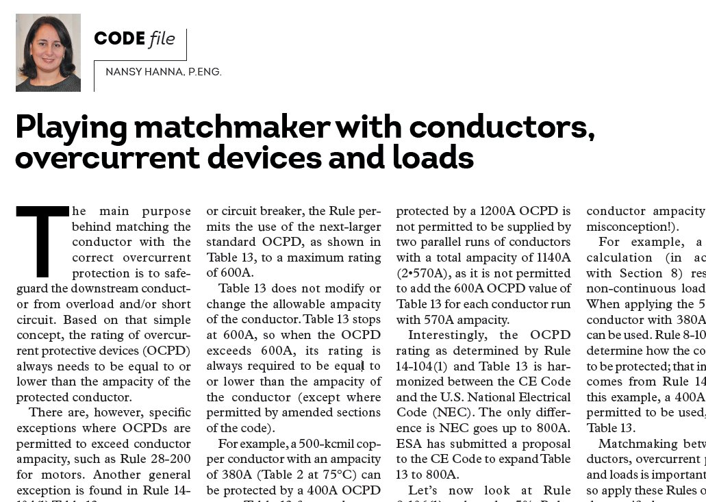 EBMag's tweet image. This month&apos;s #CodeFile talks playing matchmaker with #conductors, #overcurrent devices and loads ebmag.com/code-file/play… @homeandsafety