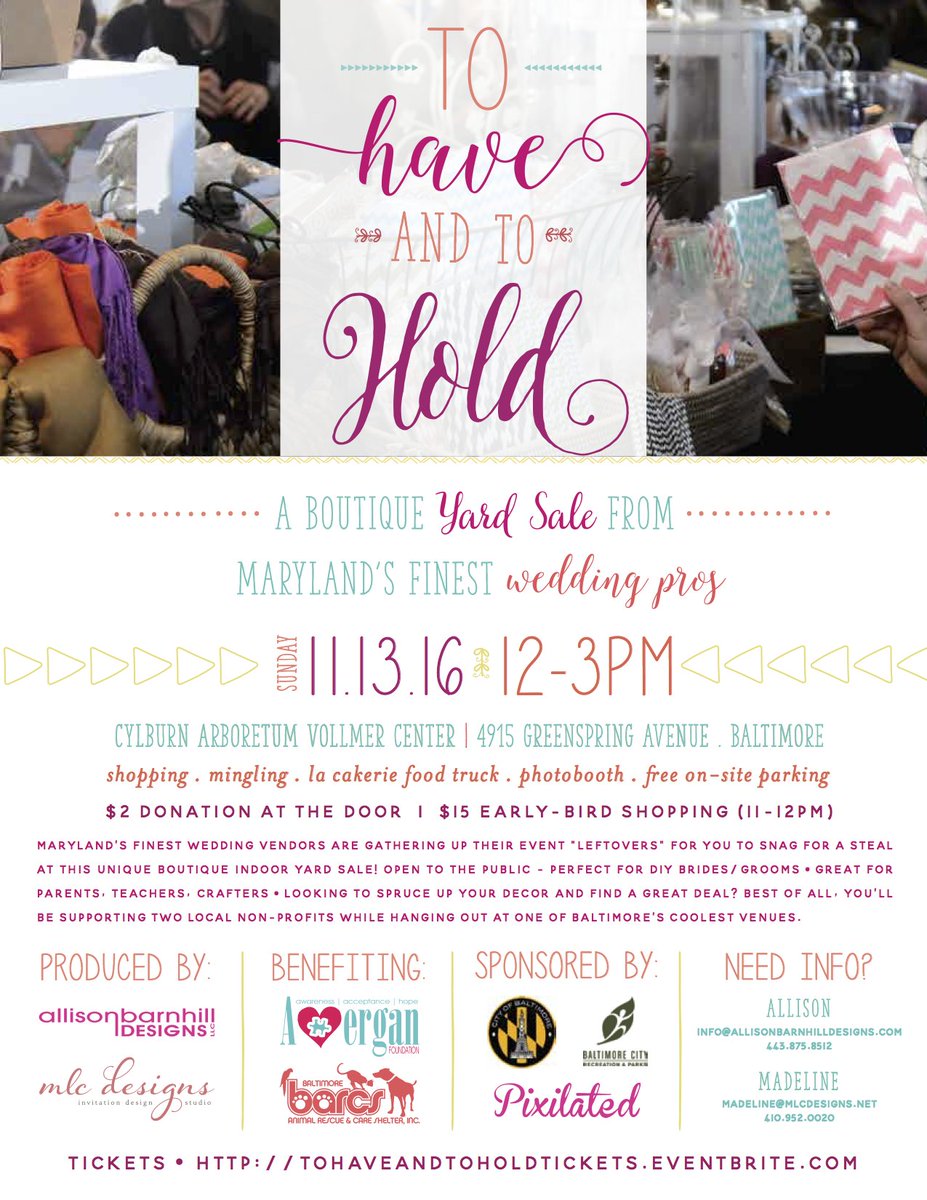 To Have and To Hold, a boutique yard sale from #maryland #wedding #vendors at <a href="/cylburn/">Dorothy Clark</a> is Sunday from 12-3pm.  Shopping, mingling &amp; food!