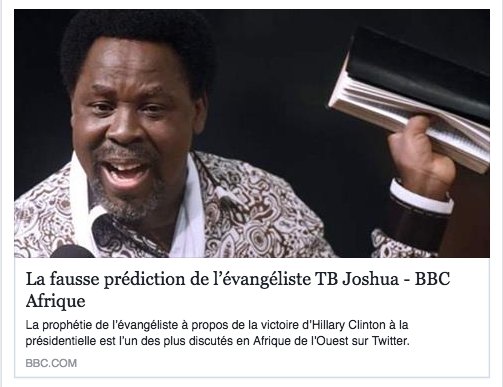 ToussaintAlain's tweet photo. #Trump, PrĂ©sident : la fausse prĂ©diction de lâĂ©vangĂ©liste TB #Joshua https://t.co/OMXq12NQ8F Il avait prĂ©dit la victoire d'Hillary. #tchruuu https://t.co/O76yNRdmso