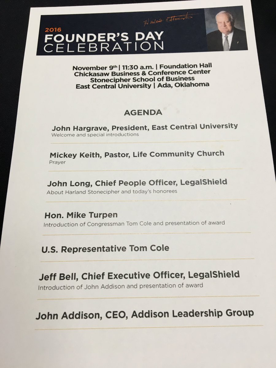 OUSouthard's tweet photo. Celebrating Founder's Day with @legalshield @ECUTigerUpdates to honor @TomColeOK04 and @JohnAddisonGA with inaugural awards. @adajobs https://t.co/sVyVPjmCKk