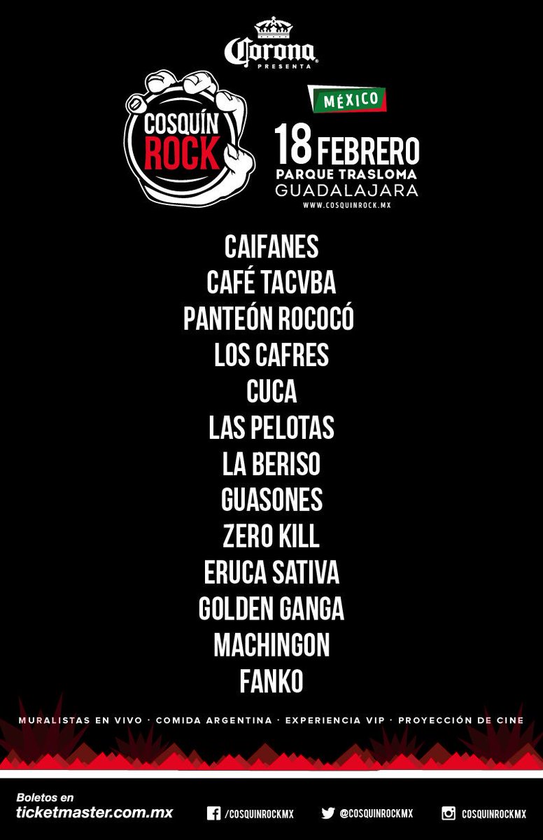 ¡Cartel Oficial <a href="/CosquinRockMx/">Cosquin Rock México</a> !
18 Febrero — Parque Trasloma #Guadalajara
Preventa #Fase1 Disponible en ticketmaster.com.mx