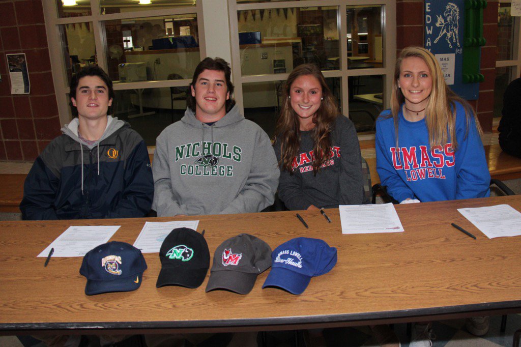 MedwayAthletics's tweet photo. Celebrating the successes of 4 MHS student athletes today during our NLI signing: JakeT, JeffW, TessaS, JessJ https://t.co/nvU6wNVizx