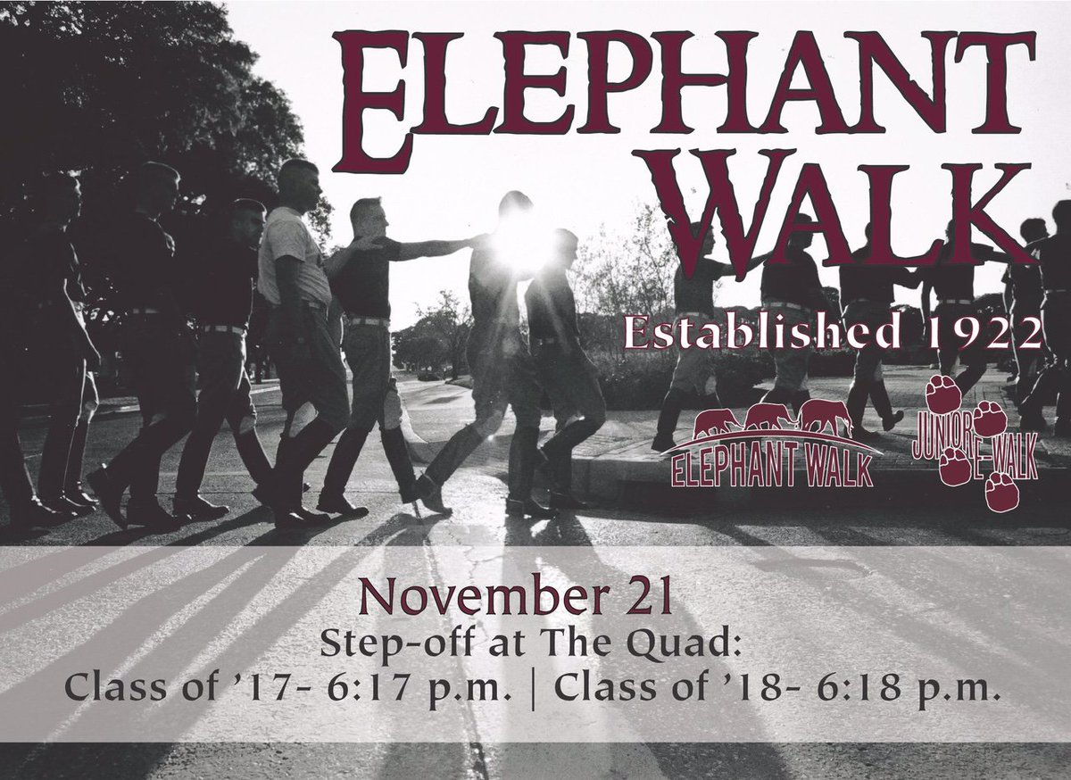 tamustuact's tweet photo. Join us for @ElephantWalk16 &amp; @JuniorEWalk NEXT MONDAY, 11/21. @Class_Councils #TAMU17 #TAMU18 https://t.co/twi5Z9MsRX