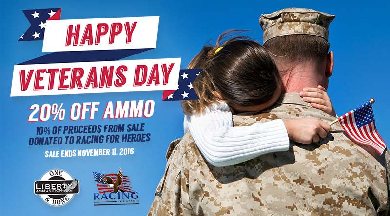 TrainersCP's tweet photo. @LibertyAmmo honors #VeteransDay w/ 20% off ammo purchases. 10% of proceeds will be donated to #RacingforHeroes https://t.co/KYecu7rflQ https://t.co/Y93PU9aGUD