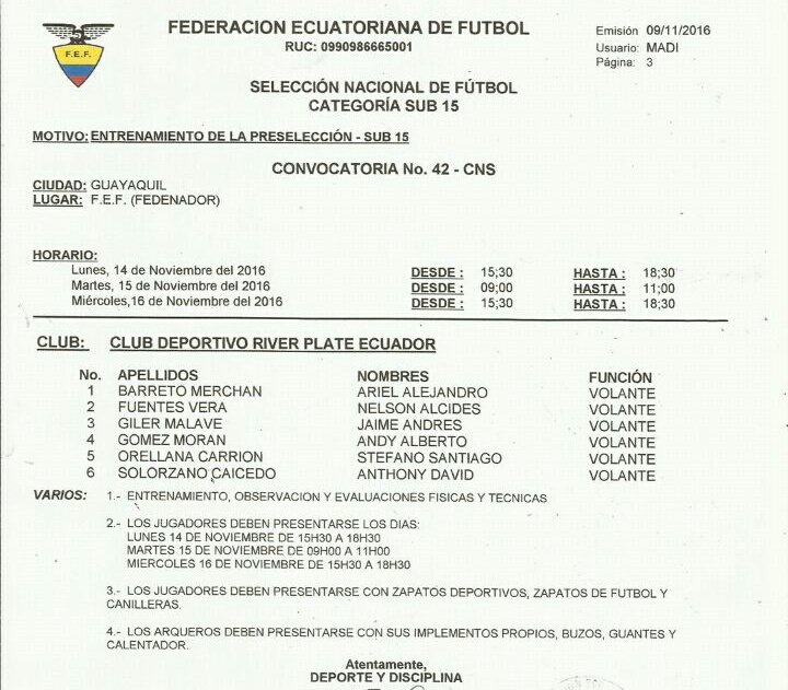 FormativasRiver's tweet image. Convocados a entrenamiento de la PreSelección sub 15 @CDRiverEcuador