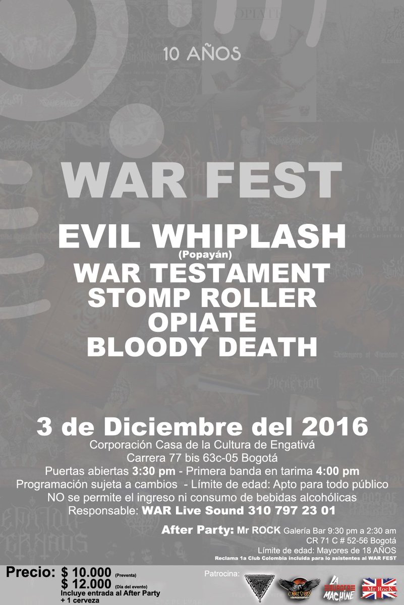 WARcompany's tweet photo. Line-Up Oficial WAR FEST
@mrrockbar1 @CorvusEventos
#WarStudio #WarFest #EstoSeVaADescontrolar #WarsTudio10Años https://t.co/D4VFOlP6hx