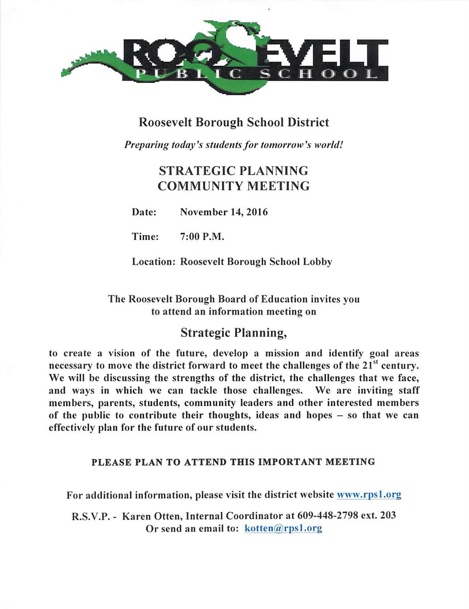 Next RPS Strategic Planning meeting 11/14 7pm. If you are able to attend, please rsvp Karen Otten 609-448-2798 ext 203 or kotten@rps1.org.