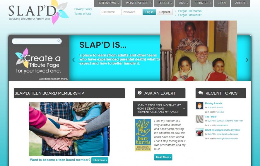 elunanetwork's tweet photo. SLAP'D is an online community where teens can go to share experiences &amp; learn they are not alone in their grief: https://t.co/IlYOEcvKtq https://t.co/3cY38Lue5E