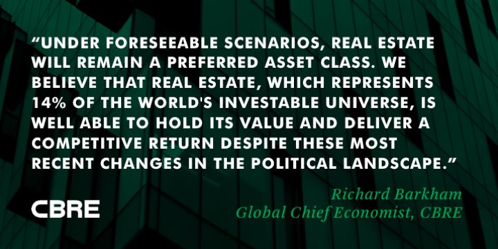 CBRE's tweet image. America changes course: What does Trump’s victory mean for #CRE? Find out here: bit.ly/2fmMy6b #PostElection
