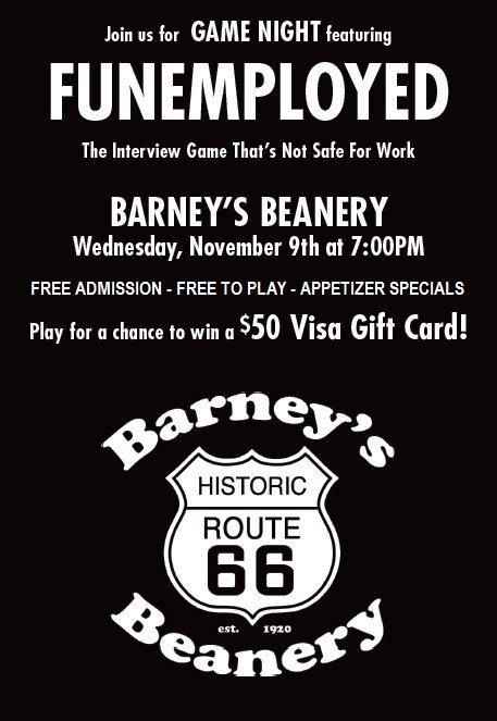 barneysbeanery's tweet photo. Join us in #Westwood to play #FunEmployedGame tonight @ 7pm! Free appetizers for those who play (while supplies last). https://t.co/pdgclQLeqp