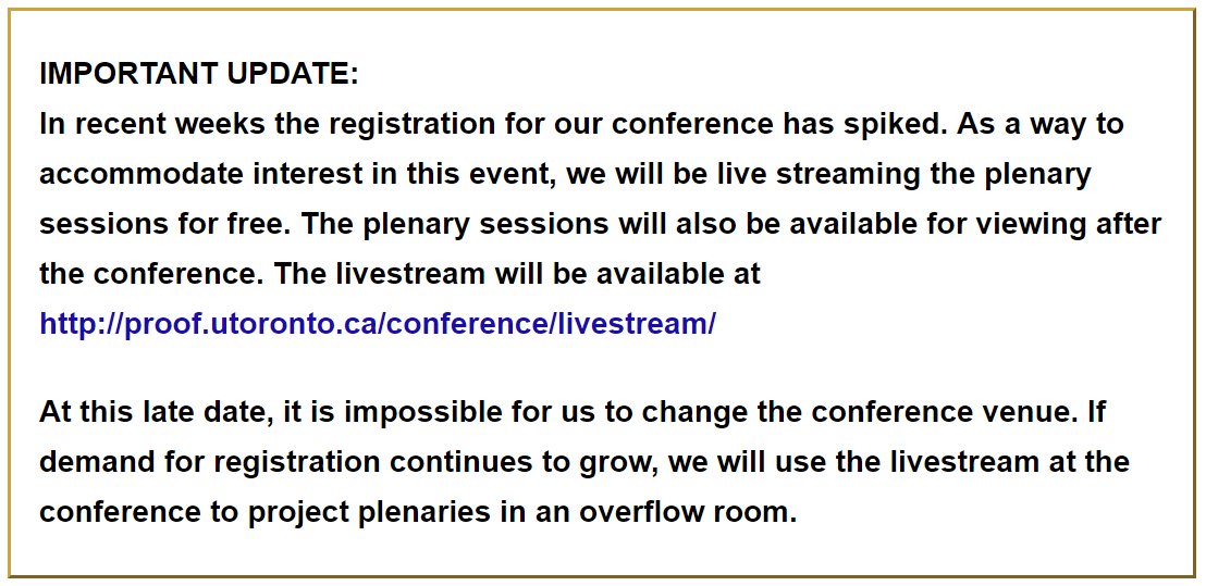 proofcanada's tweet photo. Important update re: upcoming PROOF conference Nov 17-18 - the plenaries will now be livestreamed for free. https://t.co/laIuOcOz6B https://t.co/YKvVxArSbn
