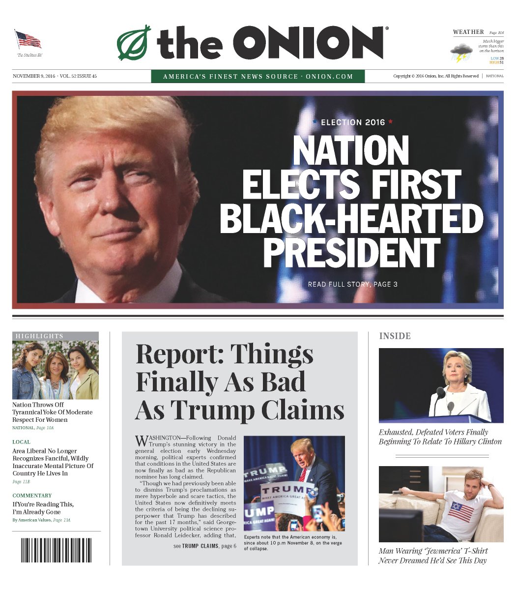 The Onion Today S Historic Front Page Nov 9 16