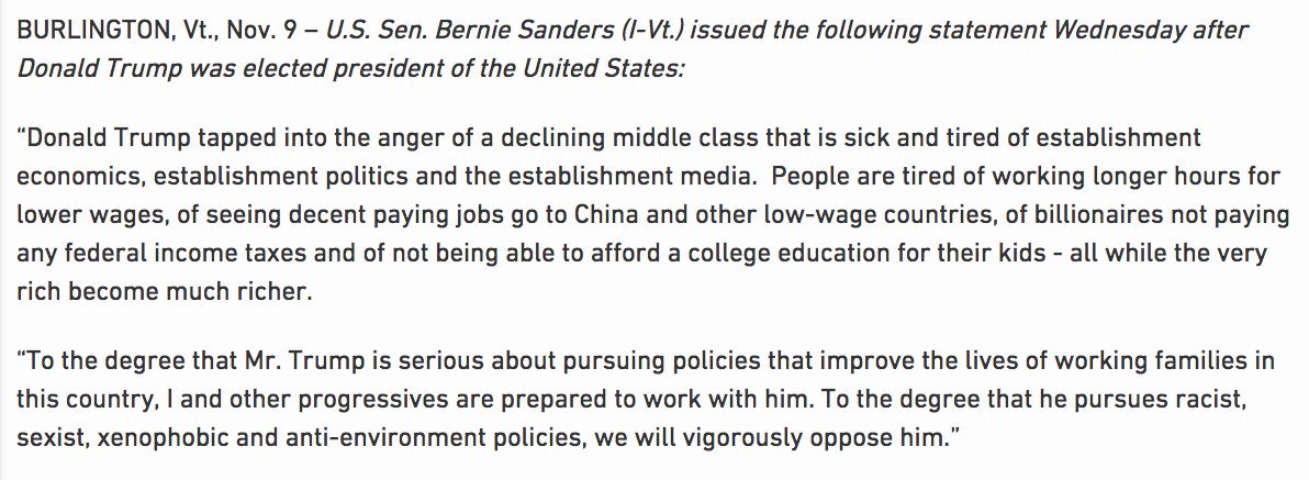 ABC's tweet image. In statement, Bernie Sanders says he's willing to work with Donald Trump on some issues. abcn.ws/2eDYu23