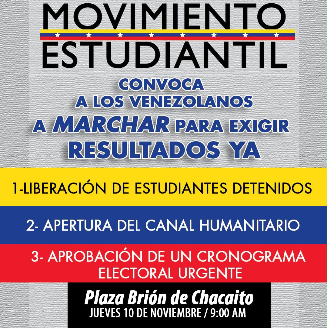JDRubenVzla's tweet photo. Mañana #10Nov2016 9Am
Plaza Brion De Chacaito
El Movimiento Estudiantil
Convoca A MARCHAR Para EXIGIR Resultados YA

La Calle Es La Salida. https://t.co/FWiIbsqgaU