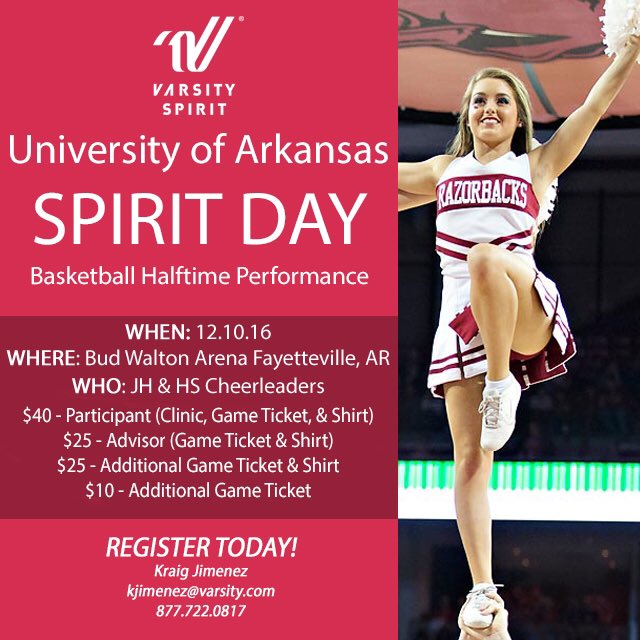 UCA_kali's tweet photo. The University of Arkansas is hosting a Varsity Spirit Day in December! Register yourself or your team today! 😊❤️ https://t.co/Tg8GlUonBT