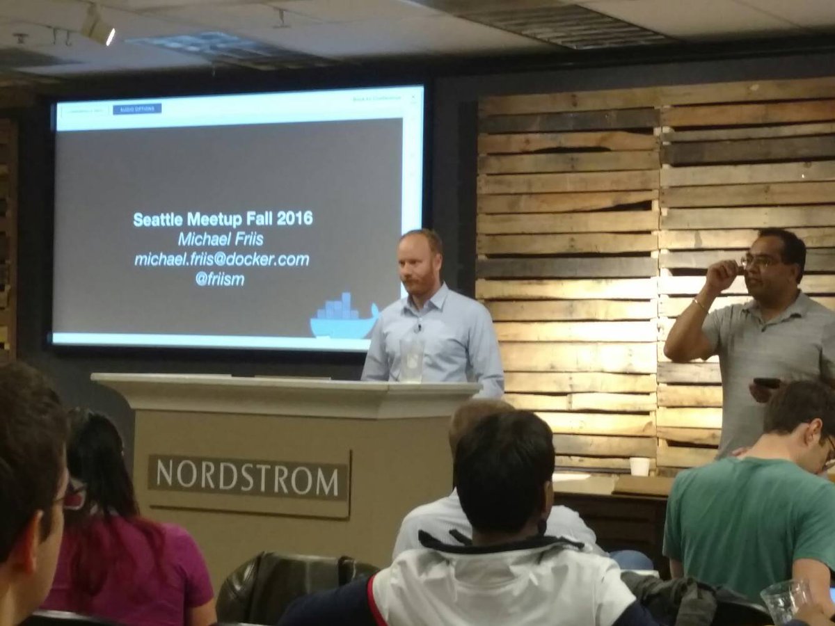 scottcjohnston's tweet image. .@friism kicking off Seattle #Docker meetup - hosted by #Nerdstrom! #windows
